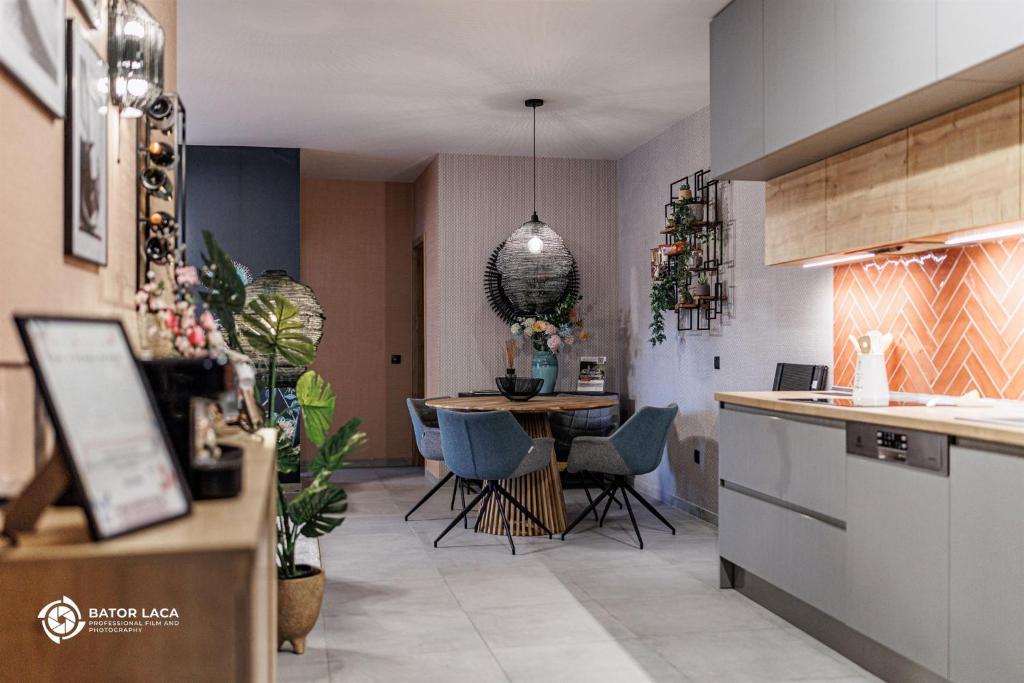 Kuchyň nebo kuchyňský kout v ubytování Zemplén Terrace - luxusapartman a belvárosban kültéri fedett jacuzzival