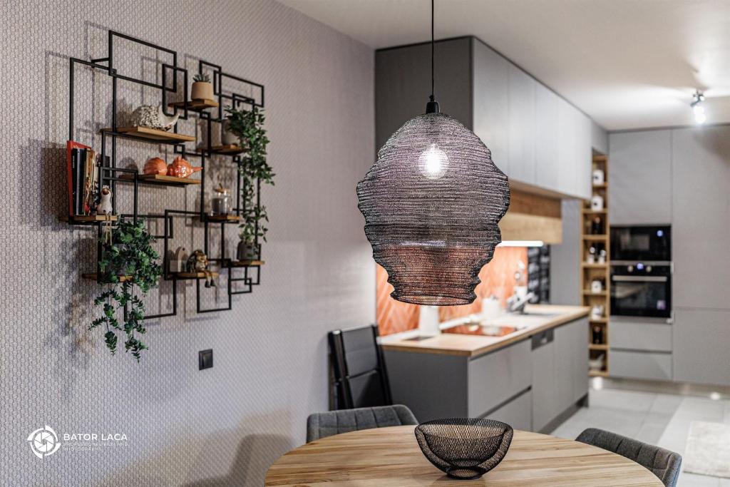 Kuchyň nebo kuchyňský kout v ubytování Zemplén Terrace - luxusapartman a belvárosban kültéri fedett jacuzzival