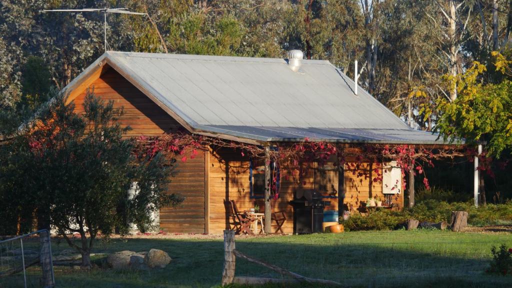 a small house with a tin roof on a yard at Candlebark Retreat in Beechworth