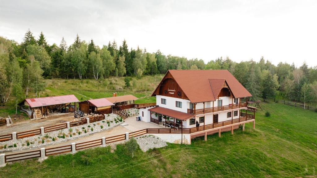 an aerial view of a large house with aestead at Pensiunea Agroturistica Rares in Cluj-Napoca