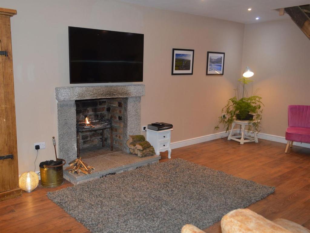 a living room with a fireplace with a flat screen tv at Home Farm - The Dairy -uk34626 in Dunragit