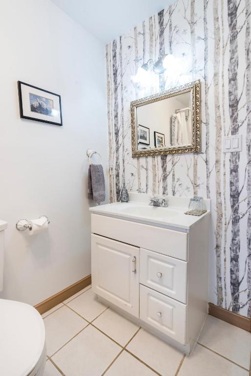 a bathroom with a white sink and a mirror at The Inn on Bay in Gravenhurst