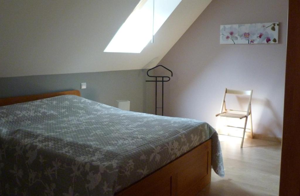 a bedroom with a bed and a lamp and a chair at Les Gites De Colliers in Muides-sur-Loire