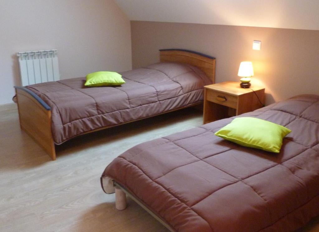 a bedroom with two beds with green pillows at Les Gites De Colliers in Muides-sur-Loire