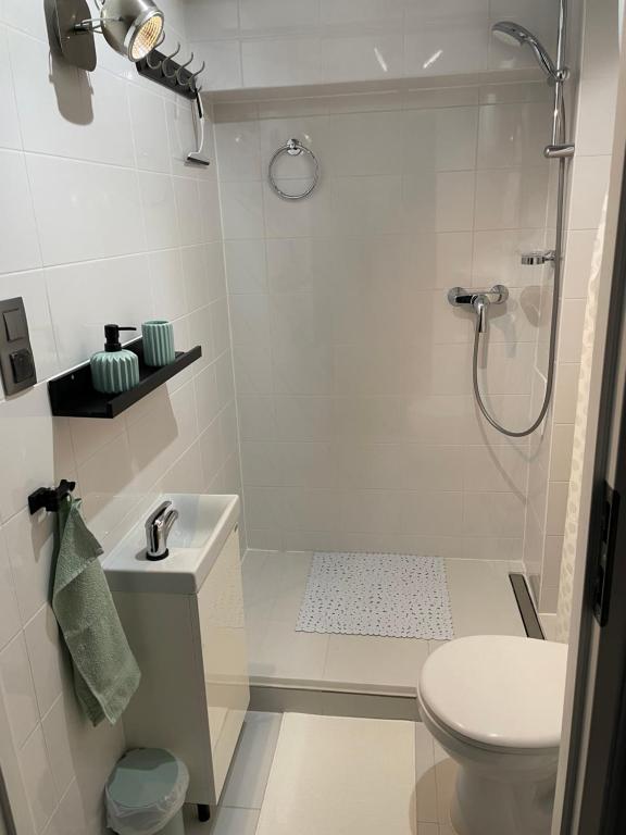 biała łazienka z prysznicem i toaletą w obiekcie Ingress w Bytomiu
