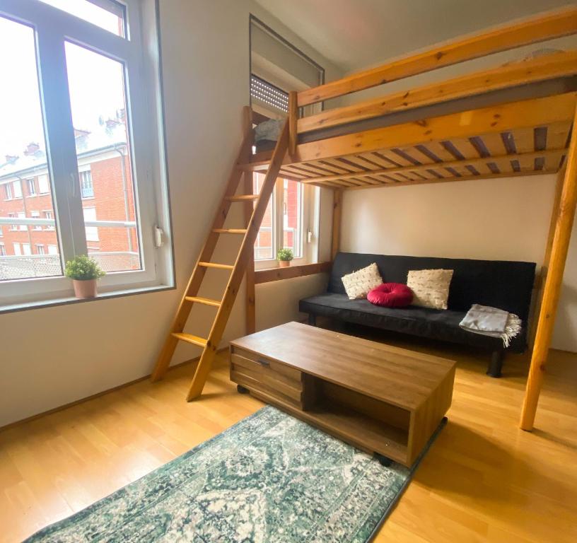 a living room with a loft bed and a couch at Bienvenue dans le centre ville d’Amiens in Amiens