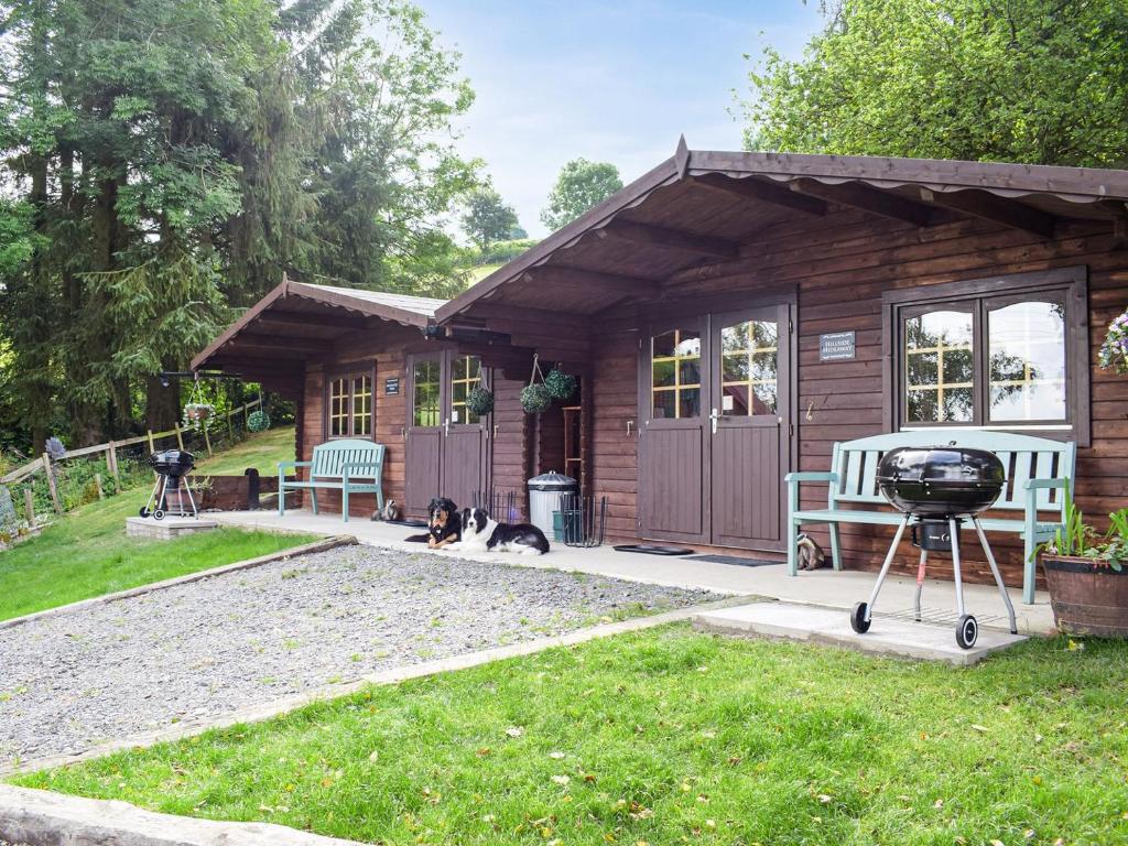 a cabin with a grill and two dogs in the yard at Alpaca Hideaway - Uk35188 in Newtown