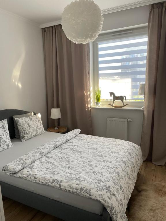 sypialnia z łóżkiem i oknem w obiekcie Apartament Platinum Park w mieście Stargard