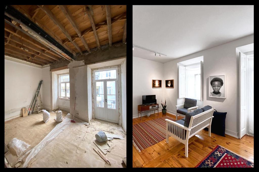 two photos of a living room in an apartment at New Art Apartment in Lisbon