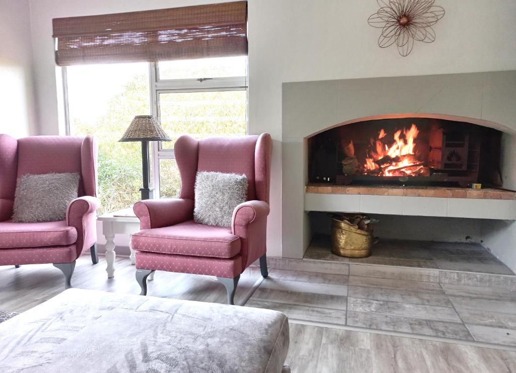 a living room with two chairs and a fireplace at Silverdunes - GardenView in Bettyʼs Bay