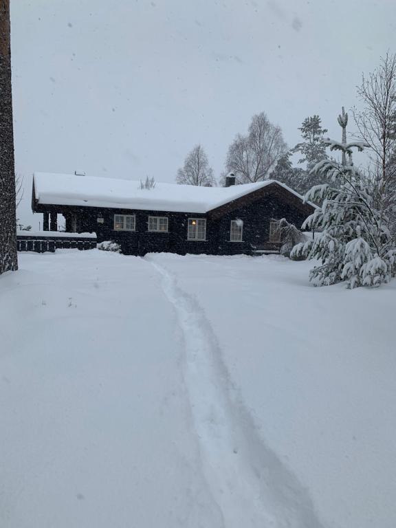 a snow covered house with a snow covered driveway at Havretunet på Havrefjell-cozy cabin with jacuzzi in Åmli