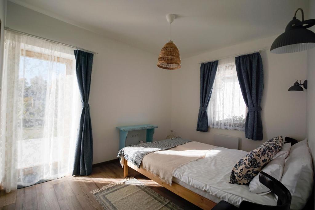 a bedroom with a bed and two windows at Egyszervolt Házikó in Tiszafüred