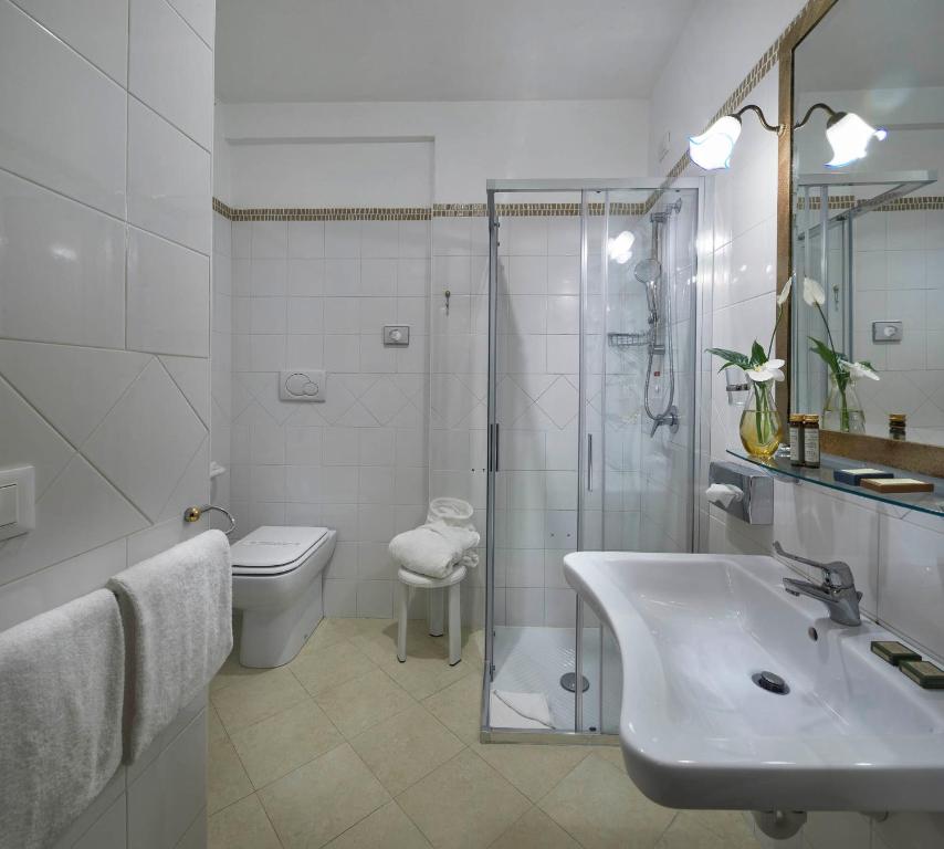 a bathroom with a sink and a shower and a toilet at Hotel Orsaria in Venice