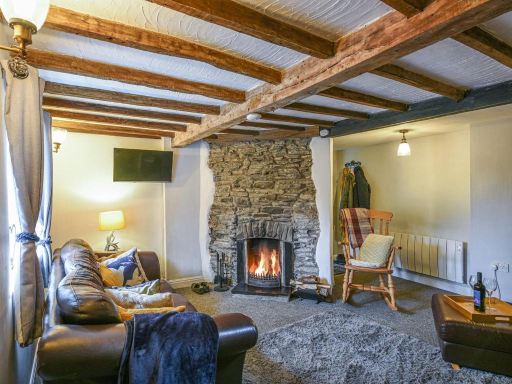 a living room with a couch and a fireplace at Bodeinion in Llanfair Caereinion
