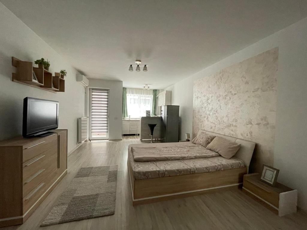 a bedroom with a bed and a flat screen tv at Hanna's Apartament in Oradea
