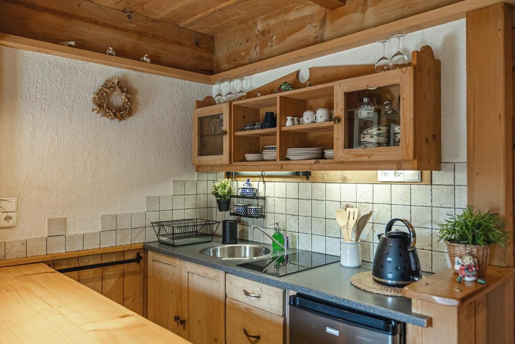 a kitchen with wooden cabinets and a sink at Apartamenty u Giewonta in Zakopane