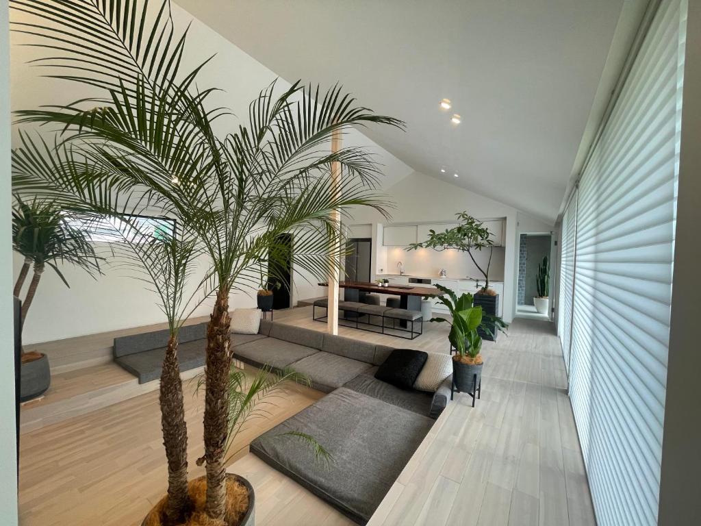 sala de estar con 2 palmeras y sofá en Villa Mariso “貸別荘マリソ“, en Noma