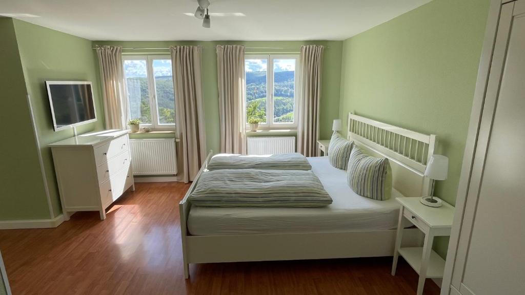sypialnia z łóżkiem i telewizorem oraz 2 oknami w obiekcie Waldgasthaus Balsamine w mieście Weimar