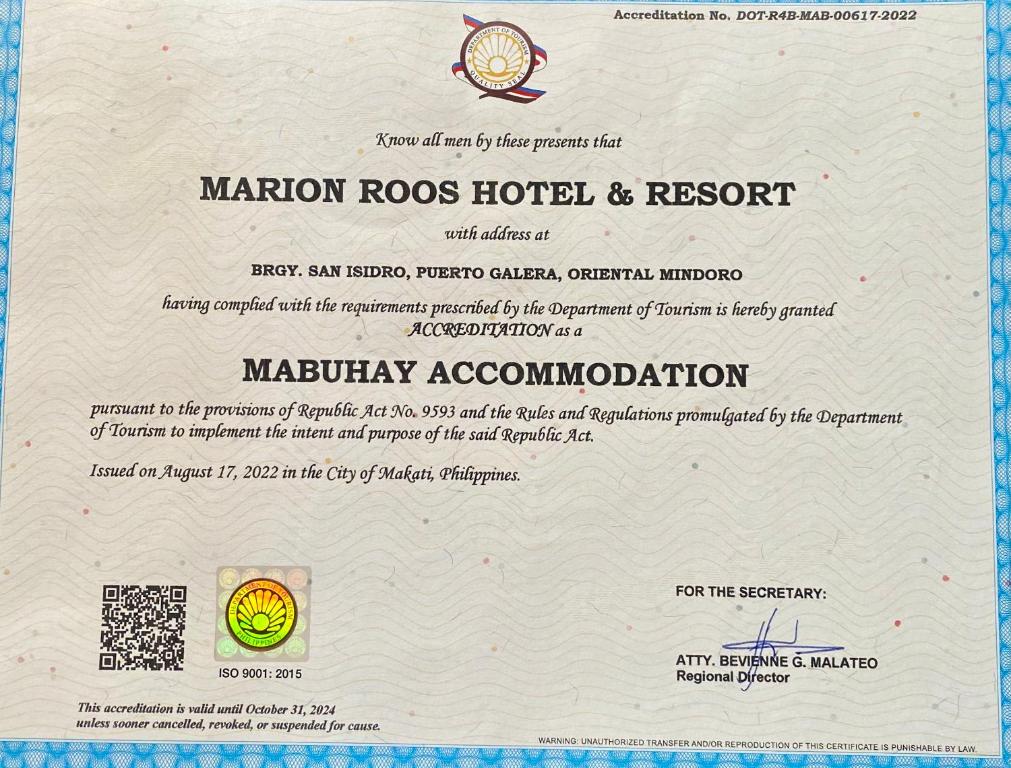 Certifikát, hodnocení, plakát nebo jiný dokument vystavený v ubytování Marion Roos Hotel