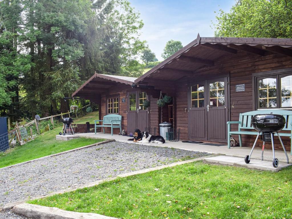 a cabin with a grill and two dogs laying in the yard at Moonlight View - Uk35187 in Newtown