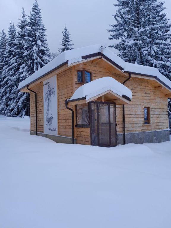 a log cabin in the snow with snow at Villa Mischa in Grashtitsa