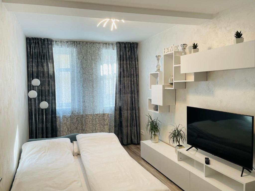 1 dormitorio con 1 cama y TV de pantalla plana en Ferienwohnung Appartamento Da Vinci, en Eisenach