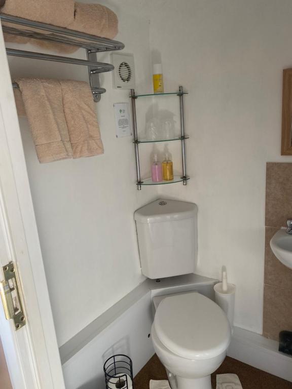 a bathroom with a white toilet and a sink at White Heather Guest House in Mablethorpe