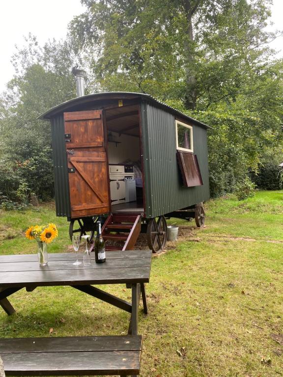 a green tiny house sitting on top of a table at The Shepherd's Hut - Wild Escapes Wrenbury off grid glamping - ages 12 and over in Baddiley