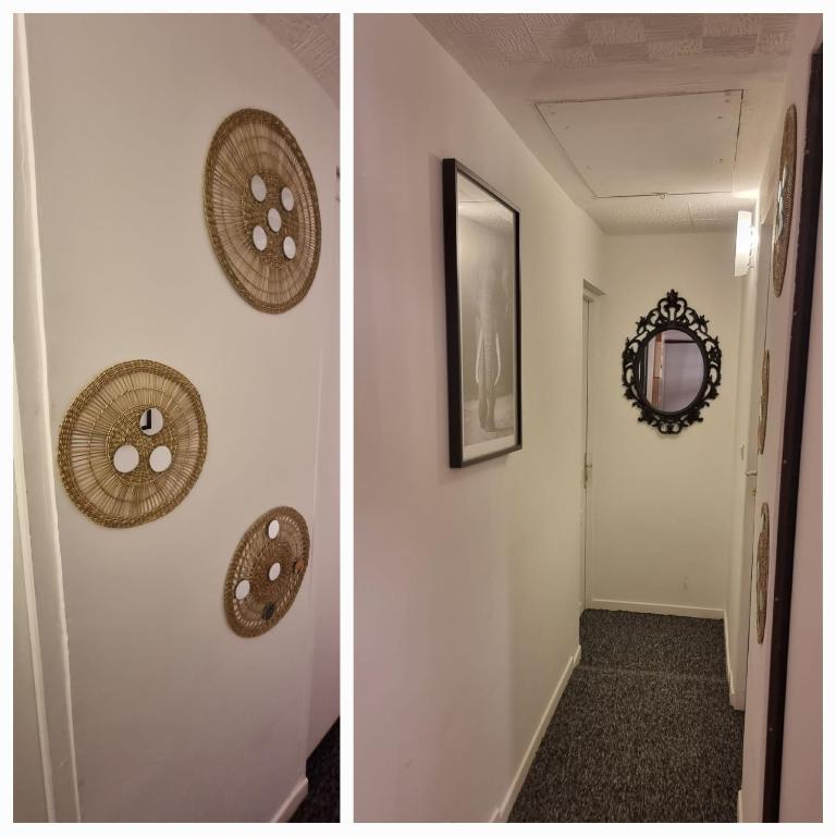 two pictures of a hallway with wreaths on a wall at Superbe appartement in Montataire