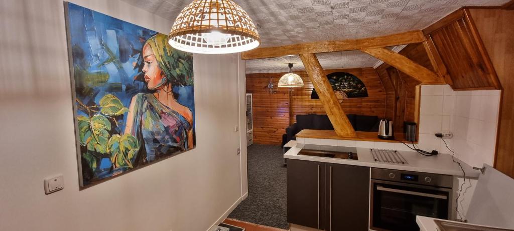 a kitchen with a painting of a woman on the wall at Superbe appartement in Montataire