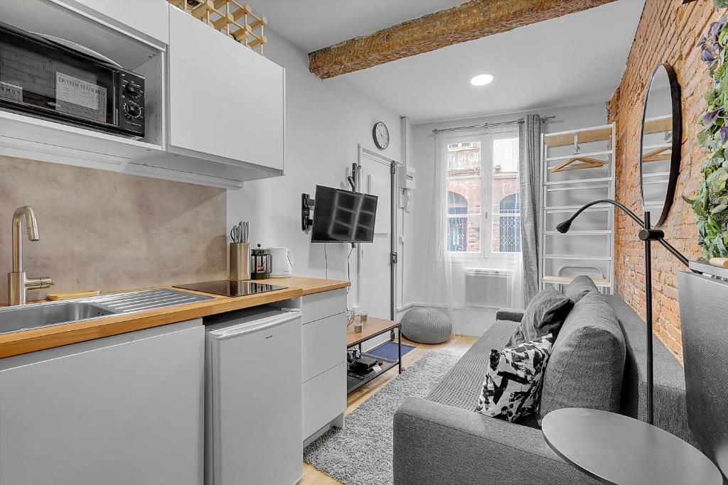 un salon avec un canapé et une cuisine dans l'établissement Getaway For 2 Beautiful Studio Near The Garonne, à Toulouse