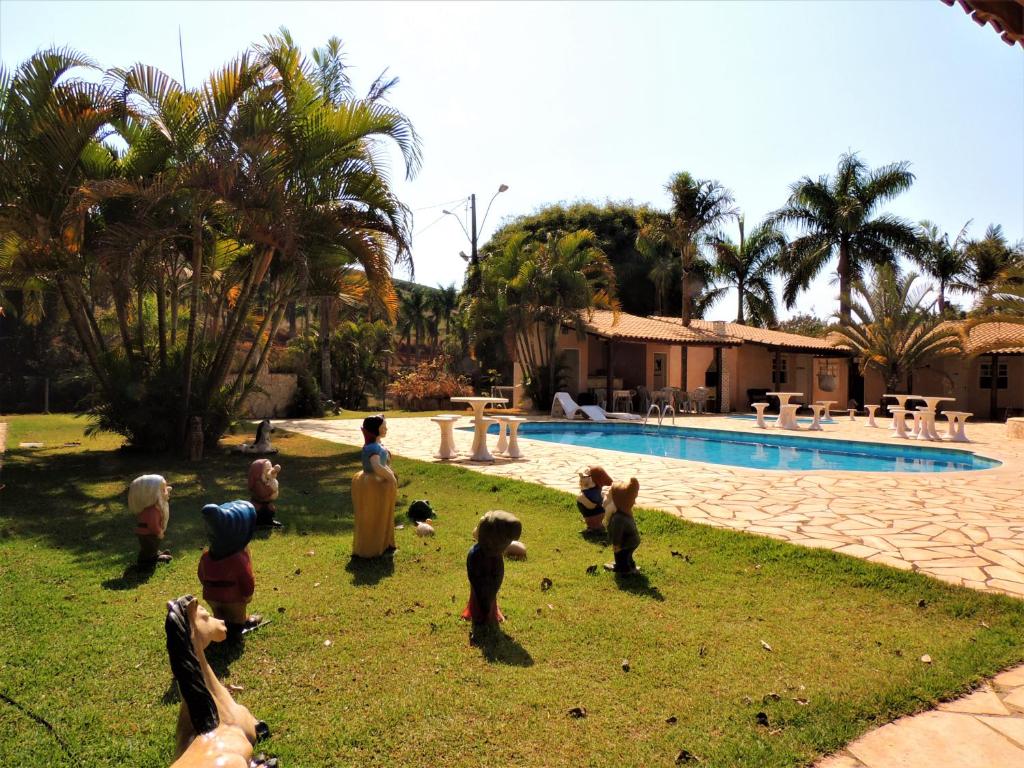 a group of children playing in the grass near a pool at Hotel Fazenda Raiz Mineira - Estamos a 21,2 km de Carmo do Rio Claro in Conceição da Aparecida