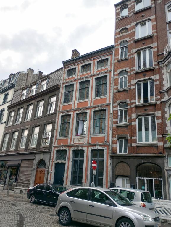twee auto's geparkeerd voor een groot bakstenen gebouw bij Studio régence in Luik