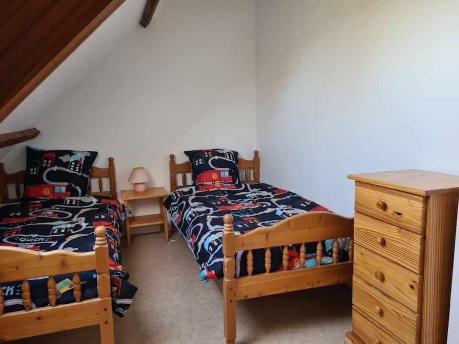sypialnia z 2 łóżkami pojedynczymi i komodą w obiekcie Maison chaleureuse près de Rocamadour w mieście Alvignac