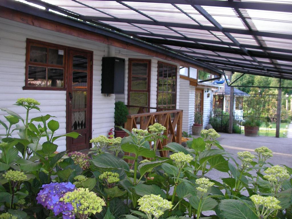 a porch of a house with a bunch of flowers at Complejo Cabañas Pétalos in Villarrica