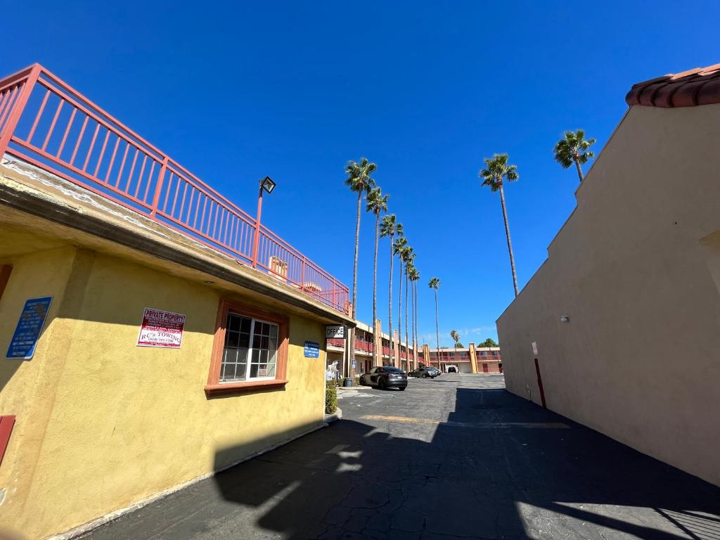 une rue vide avec des palmiers et un bâtiment dans l'établissement Palm Tree Inn, à North Hills