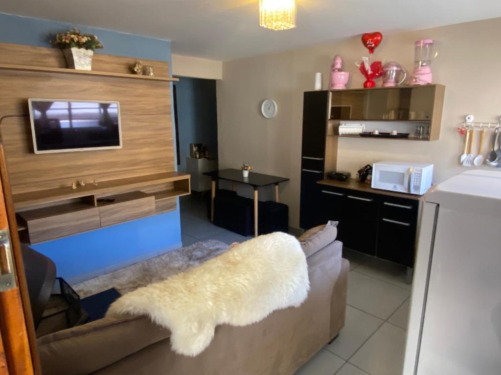 een woonkamer met een bank en een tv bij Apartamento aconchegante próximo Capivari in Campos do Jordão