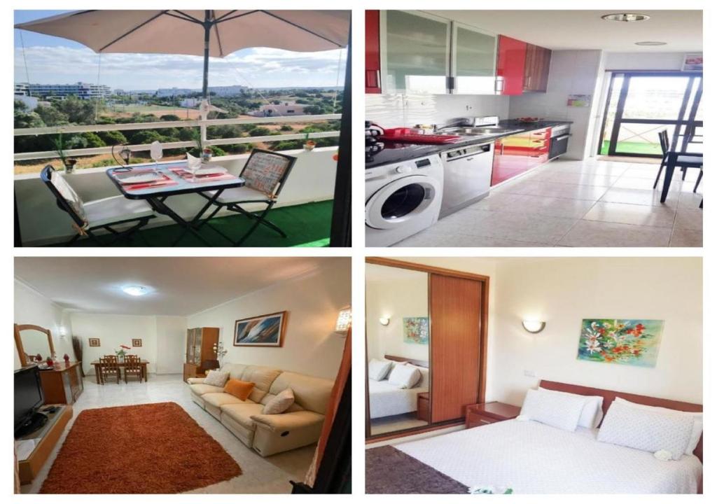 three pictures of a kitchen and a living room at Sunshine Apartment Alvor in Alvor