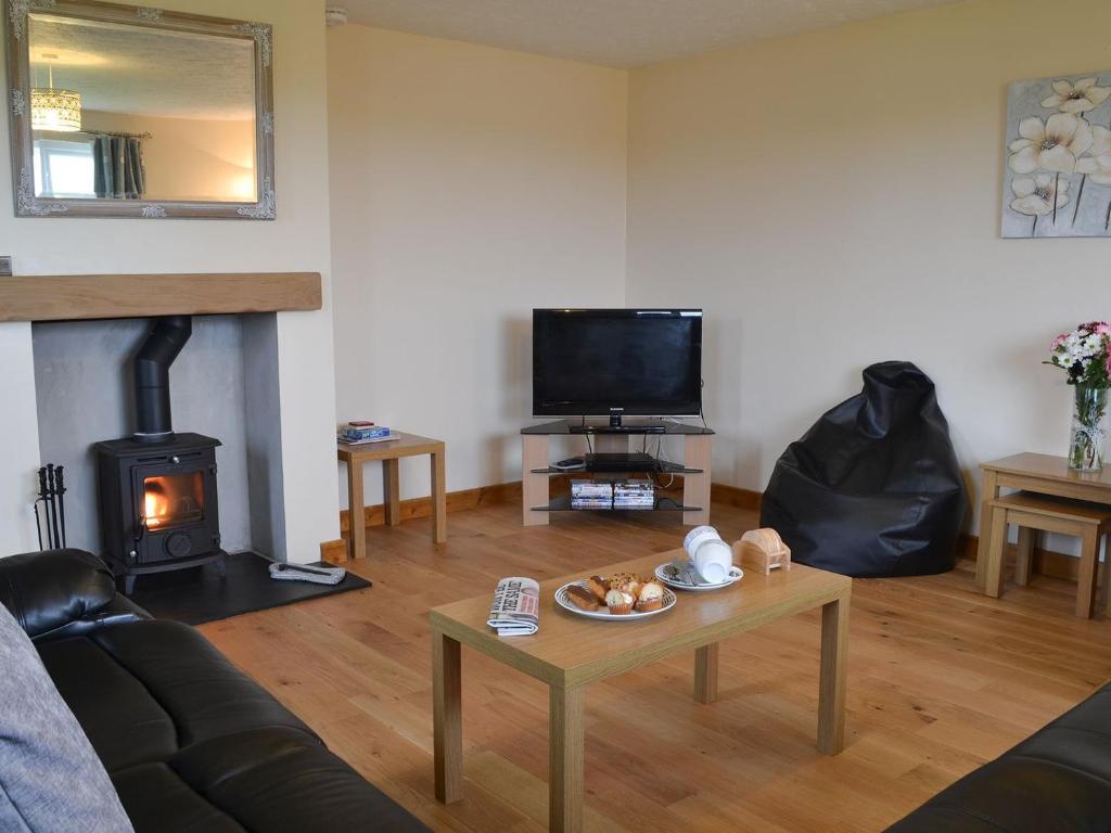 a living room with a couch and a fireplace at Rhosydd Cottage in Llanerchymedd