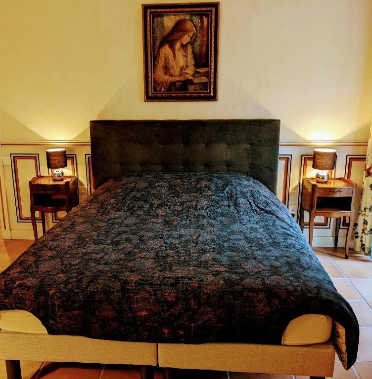 une chambre avec un grand lit avec un tableau au mur dans l'établissement Chambre du Champrenard, à Salles-Arbuissonnas-en-Beaujolais