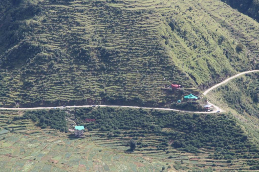an aerial view of a mountain with trees and a road at Dhauladhar Woodhouse in Malotha