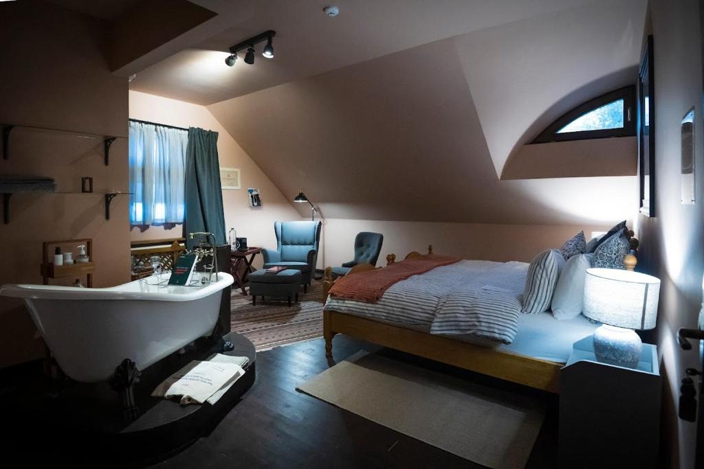 a bedroom with a bed and a bath tub and a sink at Ratiu House in Turda