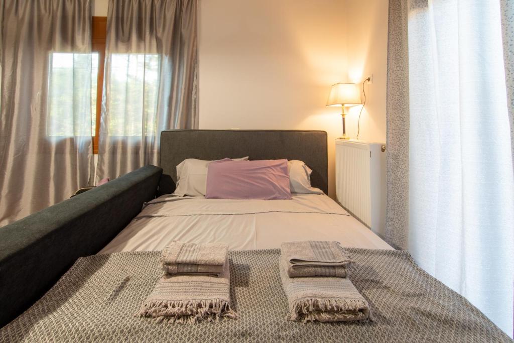 um quarto com uma cama com duas toalhas em Alice House 2 em Amarinthos