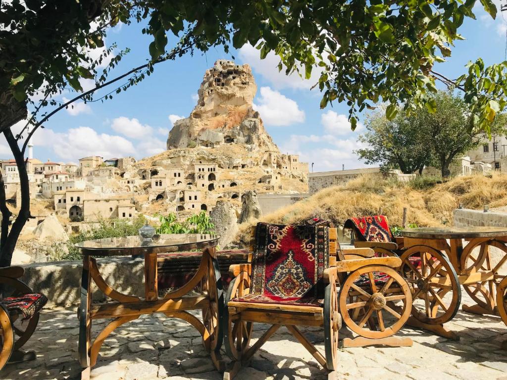 a group of horse drawn carriages in front of a mountain at CAPPADOCİA ST.NİNO'S GARDEN in Ortahisar