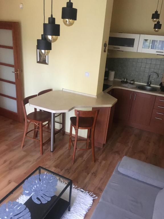 - une cuisine avec une table et des chaises dans la chambre dans l'établissement Apartament M, à Polanica-Zdrój
