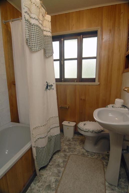 Un baño con lavabo, inodoro y cortina de ducha. en Mavidahue, en llifen