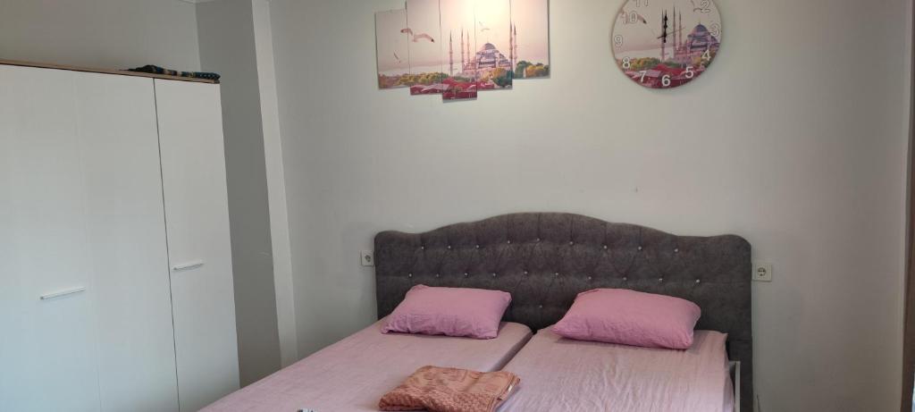 a bed with two pink pillows in a room at Şirinevler 304 in Istanbul