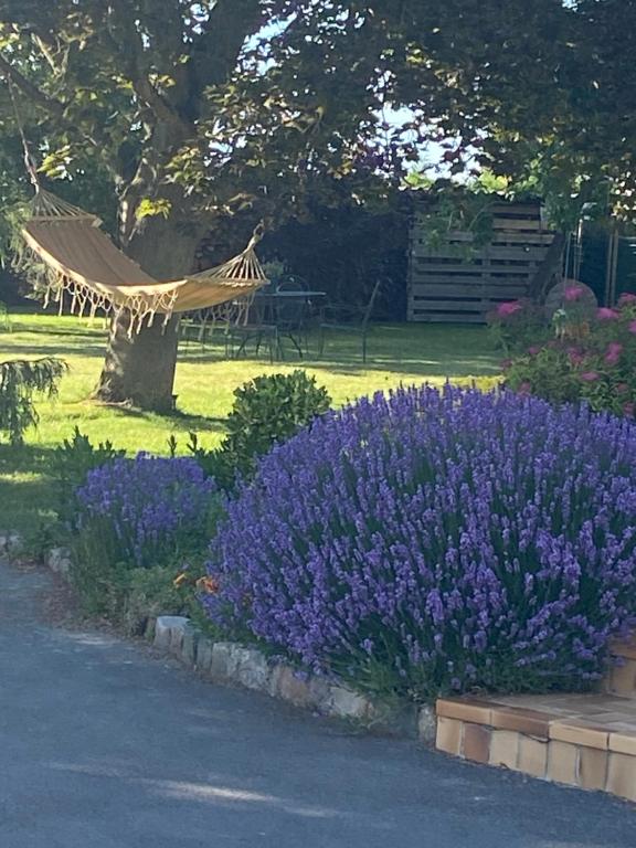 a garden with purple flowers and a bird statue at L’hirondelle du Faubourg 