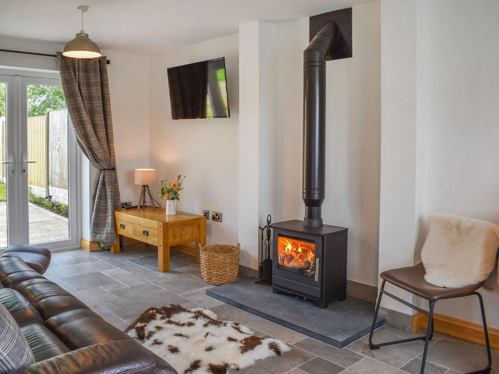 a living room with a fireplace and a couch at Gwynfa - Uk39366 in Frongoch