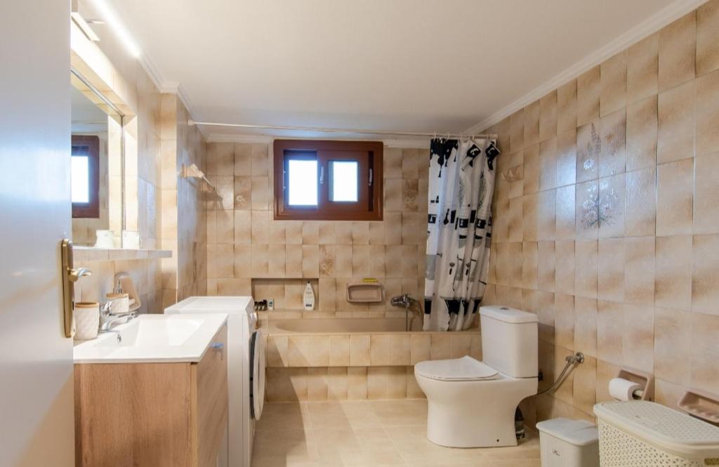uma casa de banho com um WC, um lavatório e uma banheira em Alice House 1 em Amarinthos
